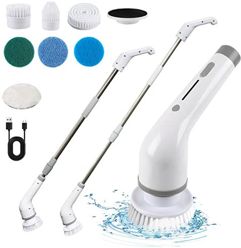 Elektrische Reinigungsbürste, 450 U/min Electric Spin Scrubber, Reinigungsbürste Elektrisch mit Verstellbaren Teleskopstange und 7 Bürstenköpfen, Power Drehschrubber für Badewanne, Fliesen, Boden, Bad