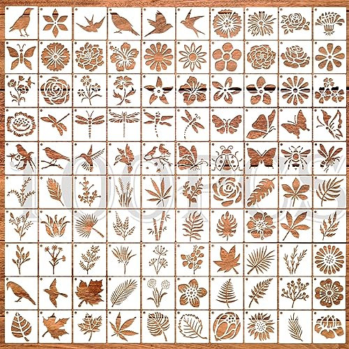 OOTSR 100 Stück Schablonen Set, 5x5cm Blume Blätter Vogel Zeichnung Malschablonen DIY Schablonen, Wiederverwendbar Kunststoff Schablonen Vorlagen für Holz, Boden,Scrapbooking Handwerk Deko