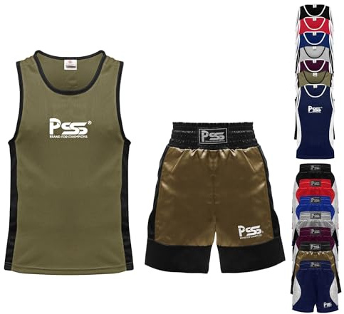 PSS Ultimate barn boxningsuniform set med 2 delar lätt vikt andningsbar och bekväm tygboxning studentuniform för åldrarna 3-14 år, Commando grön, 12 År