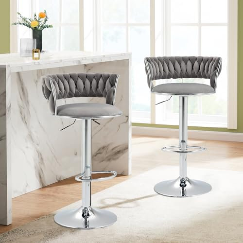 AUKWIK Barhocker 2er Set höhenverstellbar aus Samt, drehbarer Schminktisch Hocker, gepolsterter Drehstuhl für Esszimmer Küche Wohnzimmer, Grau