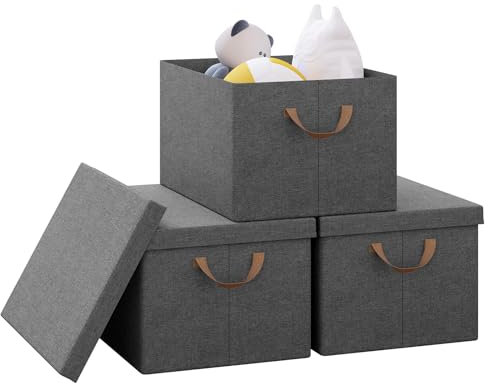 WOLTU Collapsible Storage Boxes Set of 3, Non-Woven Fabric Storage Boxes with Removable Lid, Handles, Metal Frame, 36L, Grey, 43x33x26cm, ABB03gbn-3-UK