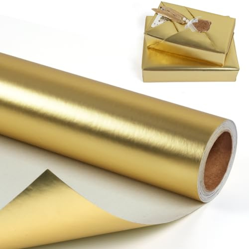 Rotolo di carta da regalo dorata, mini rotolo di carta da regalo color oro metallizzato, tinta unita, opaca, per compleanni, Natale, matrimoni, baby shower, compleanni, uomini e donne, 43 cm x 10 m
