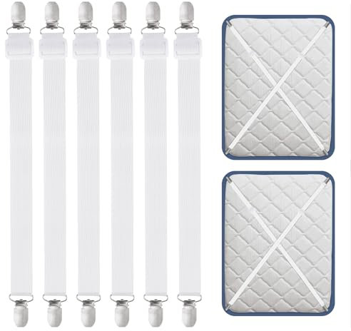 6 Piezas Sujetadores para Sábanas, Sujetadores de Hojas, Ajustables Elásticos Correas Cama Clips para Sábanas o Sofás, Blanco (Extender 55-250 cm)