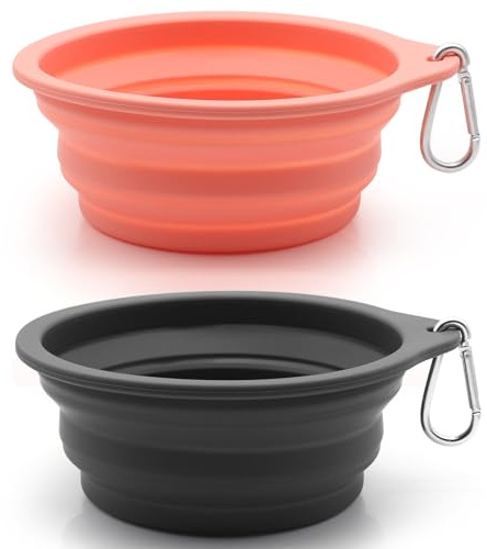 SLSON 2 Pièces Bols pour Chiens Gamelles de Voyage Intégré Pliable Bol sans Rebord en Plastique,pour la Randonnée Le Camping pour Chiens Chats 600ML (Gris + Rose)