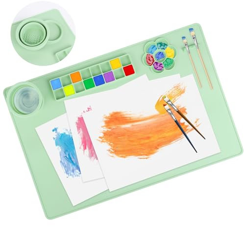 MXTIMWAN Silikon Malmatte zum Basteln 60 x 40 cm mit Becher, Zusammenklappbare Bastelmatte für DIY Handwerk, Kinder Malen, Aquarell, Schneiden und Projekte (Grün)