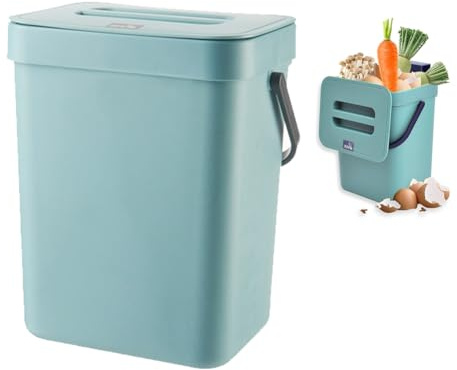 DASIAUTOEM Kitchen Bin - Small 3L Organic Bin with Lid - Odour-Inhibiting - Worktop for Hanging - Kitchen Household Office - Blue