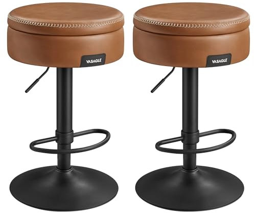 VASAGLE EKHO Kollektion - 360° drehbarer Barhocker, 2er Set, höhenverstellbarer Barstuhl, mit Stauraum, Kunstleder, Nähte, Mid-Century-Modern-Stil, Küche, Hausbar, einfache Montage, karamellbraun
