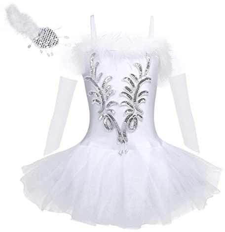 ranrann Enfant Fille Tutu Ballerine Danse Classique Tulle Robe de Ballet Justaucorps Gym Paillette Robe Costume de Danse Performance 4-16 Ans Blanc 13-14 ans