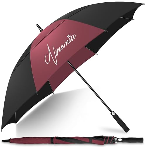 NINEMAX Stort Golfparaply Automatisk Öppning 68 inch, Golfparaply Dubbla Tak, Vindtätt med Rem för Män Kvinnor(Vinröd/Svart)