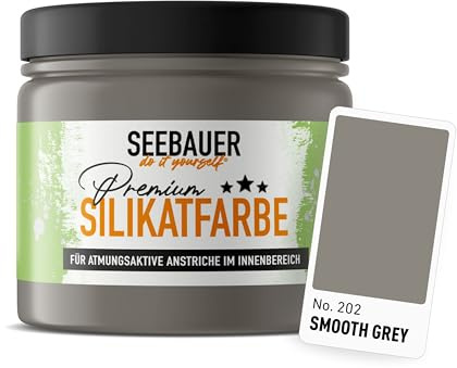 SEEBAUER diy Silikatfarbe Grau 300ml für Innen (No. 202 Smooth Grey) Atmungsaktive Mineralfarbe für Allergiker - Abwaschbare Wandfarbe - Grautöne hohe Deckkraft