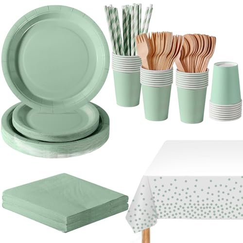 PYAILI Anniversaire Vaisselle de fete 169 Pièces Vert Sauge Party Assiettes en Papier Set Assiettes de Fête Papier Tasses Serviettesr, pour Barbecue les Fêtes les Pique-niques -24 Invités