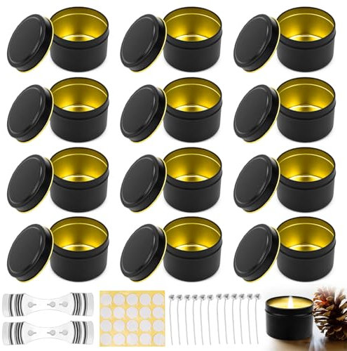 Erzekrim Kerzendosen mit Deckel 12 Stück Leere Kerzengläser 120 ml Runde Kerzenbehälter Wiederverwendbare Metalldosen DIY Kerzenherstellung szubehör für Kerze Gewürze, Salbe, Kosmetik (Schwarz)