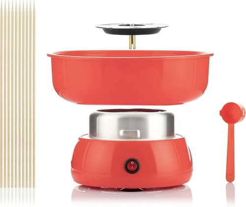 Machine à barbe à papa pour la maison - Appareil pour Barbe a Papa pour la Maison - Sucre Ordinaire ou Bonbons Durs sans Sucre - 10 bâtonnets & cuillère doseuse Design rétro nostalgique - Rouge