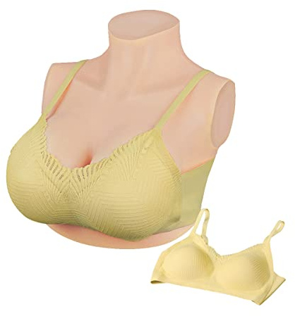 Peikey Faux Sein Silicone Travesti, [Version Courte] Fausse Poitrine Bust en Silicone réaliste avec Soutien-Gorge Approprié, pour Drag Queens, Cosplay, Bonnet B Blanc avec Silicone Liquide