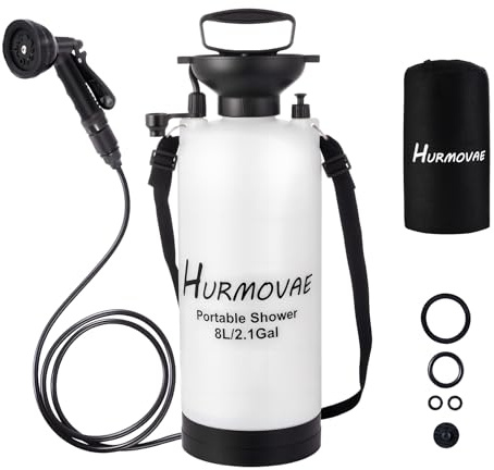 Hurmovae 2.1 Gallon (8L) Portable Shower, 10 Spray Modes Pressurized Beach Shower with Nylon Insulated Sleeve, Camping Shower for Travel & Sand Rinse, Surf Shower, Portable Water Sprayer, White
