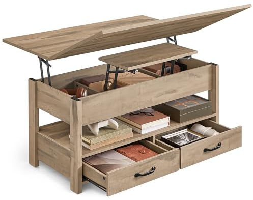 VASAGLE Table Basse, Table de Salon Relevable, Vérin à Gaz, 2 Tiroirs et 3 Compartiments sous Le Plateau, 1 Compartiment Ouvert, pour Salon, Bureau, Marron Camel LCT254L01