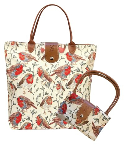 Signare Faltbare Gobelin-Tragetasche, wiederverwendbare Einkaufstasche, Lebensmitteltasche mit Vogelkunst-Design (Rotkehlchen, faltbar)