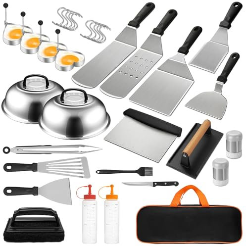 35 Pièces Ustensiles Barbecue Set - Acier Inoxydable Accessoires Barbecue, avec Spatule Plancha & Spatule Patisserie & Presse à Hamburger, pour Barbecue, Pique-Nique, Camping