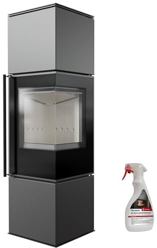 KRATKI Ren/M Eckkamin 7 kW – Freistehender Kaminofen aus Stahl Ø 150 mm 2 Seiten Glas - BImSchV 2, Ecodesign & Flamme Verte - Sichtscheibe, Tür rechts Hitzebeständige Handschuhe inklusive