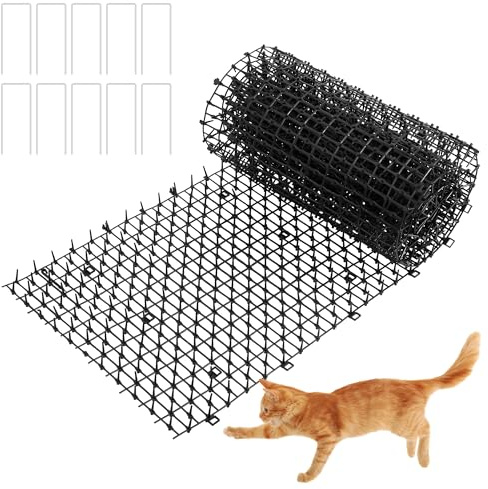 Anti-kattspikar 200 x 30 cm plast kattmatta med spikar anti-kattmatta avstötande matta med spikar katt-skrapmattor med taggig stigande husdjursnät med 10 U-formade pinnar för trädgård, staket