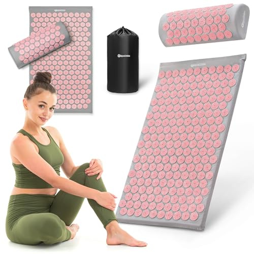 HyperMotion Akupressurmatta 72 cm med kudde och lock, 8 820 tryckpunkter, bomull och ABS-ryggar, ergonomisk, grårosa, för avkoppling, massage och kroppsåterhämtning