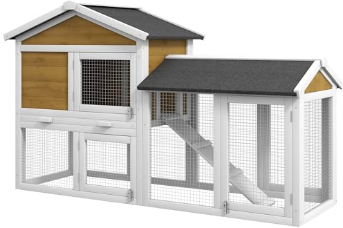 PawHut Casetta per conigli 2 piani casa invernale in legno 147 x 54 x 84 cm con tetto bitume impermeabile, passerella, rampa, porta, casa per conigli in miniatura, porcellini d'India, giallo