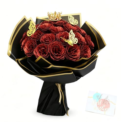 UXORSN Paquete de 26 ramos de rosas artificiales con purpurina, con corona, postal, ramo de rosas artificiales para regalos, bodas, aniversarios, cumpleaños, día de la madre