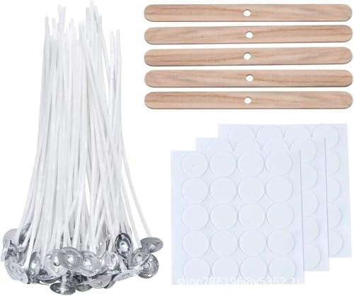 50 Pièces Kit de Mèches pour Bougies 20 cm | avec 10 Supports en Bois et 60 Autocollants Double Face, pour La Fabrication de Bougies