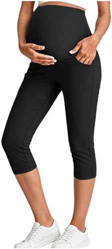 Arestory 3/4 Length Maternity Leggings UK, Women's Maternity Leggings Over Bump with Pockets Cropped Trousers Buttery Soft Belly Support Capri Pants Pregnancy Straight Leg Yoga Pants Workout Tights