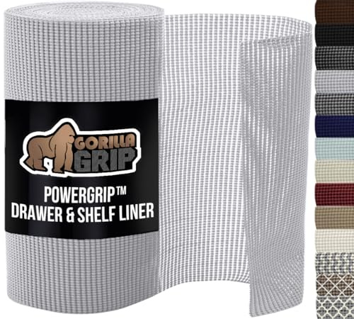 GORILLA GRIP powerGRIP Drawer Shelf and Cabinet Liner, Thick Strong Hold, Non-Adhesive Liners Protect Kitchen Cabinets and Cupboard, Bathroom Drawers, Easy Install, Breathable Mat, 12 x20' Light Gray