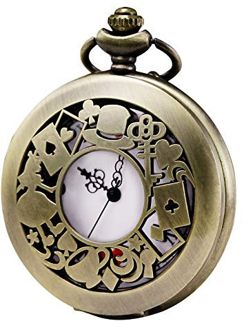 MORFONG Damen Taschenuhr Analog Quarzwerk mit Kette Alice im Wunderland Bronze
