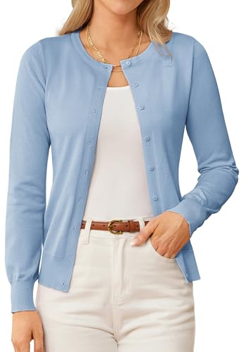 GRACE KARIN Women's Long Sleeve Button Up Cardigan Lightweight Crewneck Blue Knit Cardigan Sweaters Spring Clothes M