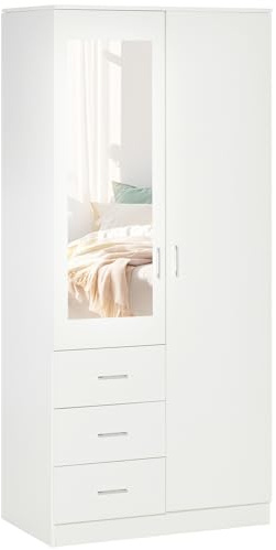 HOMCOM 2 Door 3 Drawer Mirrored Wardrobe with Rail 80 x 50 x 180 cm White