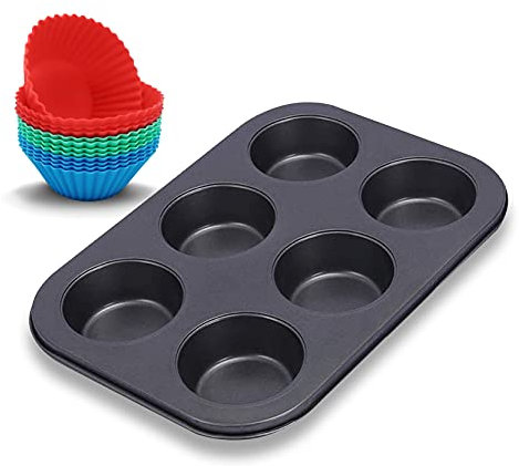 Euroxanty - Stampo per muffin e cupcake, teglia da forno, in acciaio al carbonio, antiaderente, con pirottini in silicone, stampo da 6 + 6