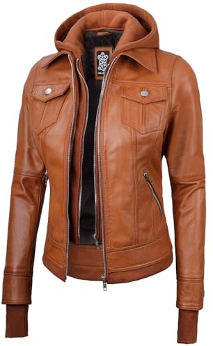 fjackets Blouson bomber à capuche en cuir d'agneau véritable pour femme avec capuche amovible, Tralee Veste en cuir marron à capuche, Small