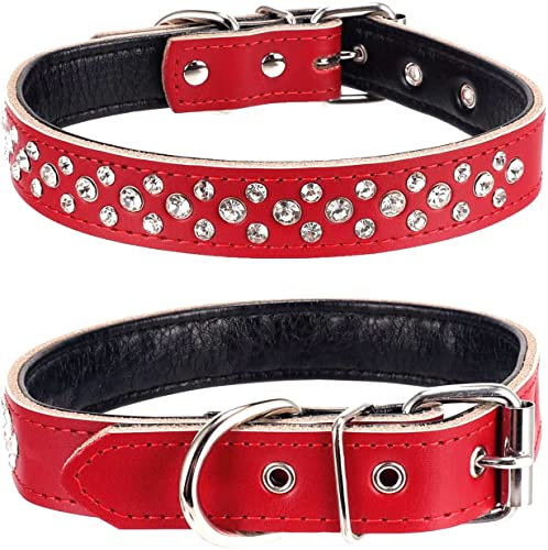 Haoyueer Hundehalsband mit Strasssteinen, verstellbar, glitzernde Kristallnieten, echtes Leder, Haustier-Hundehalsband für kleine und mittelgroße Hunde (Größe M, Rot)