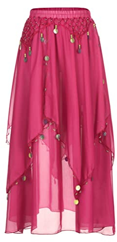 inhzoy Femme Jupe de Danse du Ventre Belly Jupe Longue Danse Orientale en Mousseline de Soie Foulard à Sequin Écharpe Costume Performance Dansewear