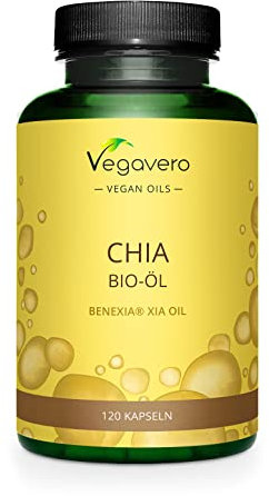 Bio Chia Öl Kapseln | 840 mg Omega 3 Vegan - Ohne Gelatine | Chia Samen aus Chile | Premium: Rohstoff Benexia | Laborgeprüft | Ohne Zusatzstoffe | Deutsche Produktion Vegavero