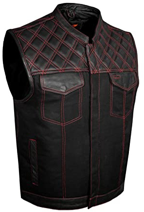 GARGOYLE BELLS Men's Denim & Leather Motorcycle Vest SOA Biker Club Vest with Diamond Padding Snap/Zipper For Riding (as1, numeric, numeric_42, regular, regular, Black with Red Thread)