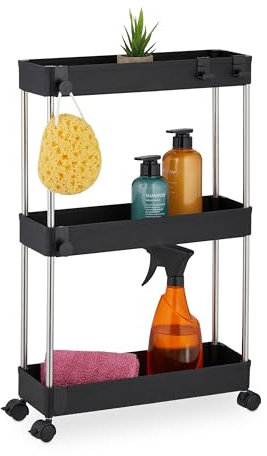 Relaxdays Nischenwagen, 3 Etagen, schmales Nischenregal für Küche & Bad, HxBxT: 62 x 41,5 x 14,5 cm, Rollregal, schwarz