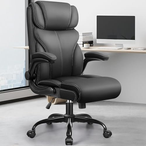 FelixKing Bürostuhl, Ergonomischer Großer Computer Bürostuhl, Chefsessel, Verstellbare Hohe Rückenlehne Flip Armlehnen, Lendenwirbelstütze Drehbarer Computerstuhl mit Schaukel(Matte Black)
