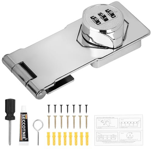 SUPAWAY 1 pieza Cerradura de combinación con 3 dígitos Cerradura de combinación 4.5in hasp cerraduras para armario, gabinete, contraseña, cerradura de puerta pequeña, puerta de granero, Plata