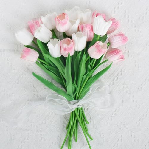 KARLOR Lot de 10 tulipes artificielles - Bouquet de tulipes artificielles blanches et roses - Tulipes artificielles en latex - Décoration de maison - Bouquet de mariage (blanc et rose clair)