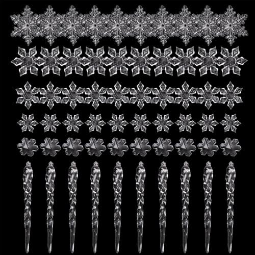 Neikafan Christmas Decoration Acrylic Snowflake Icicle Ornaments 60 Pcs with Thread Nylon Clear 1 Roller Snowflake Crystal Icicles Christmas Tree Decorations for DIY Party Holiday Winter