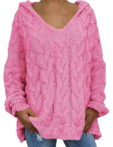 YCBMINGCAN Sudadera para mujer, talla única, capucha, manga larga, jersey de invierno, jersey de punto de algodón para mujer, Rosa., L