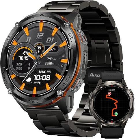 KOSPET Tank T3 Ultra 2 GPS Montre Connectée Homme- Batterie de Grande Capacité Acier Inoxydable 50M Étanche, Boussole Altimètre Appel 1.43 AMOLED Toujour Activé, Appel Bluetooth Fréquence Cardiaque