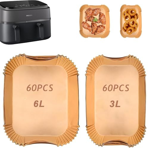 Backpapier für Philips Airfryer Dual Basket 3000 Series NA350/00, Heißluftfritteuse Zubehör für 5000 Serie XXL NA550/00 (60+60 Stück)
