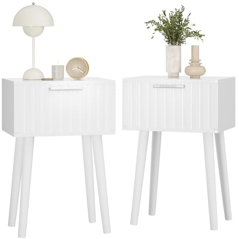 YMYNY Sängbord set om 2, sidobord, nattduksbord, magnetlåda med ribbade fronter, ben i massivt trä, modernt, soffbord för sovrum vardagsrum, vit HST014W-2