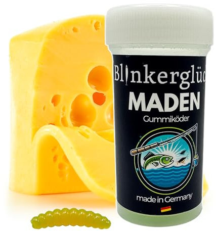 Blinkerglück Angeln Kunstköder-Maden 2cm – 50 Stück in praktischer Kunststoffdose mit Käsearoma (Orange (UV-Aktiv))