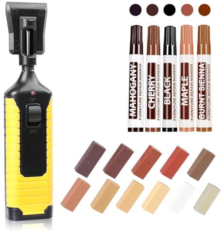 Kit Reparation Parquet, Set Reparation Carrelage avec 11 Couleurs Cire Dure, 6 Marqueurs Réparation pour Meubles, Fondoir et Accessoires, Outil Retouche pour Sol Vinyle, Parquet, Meubles